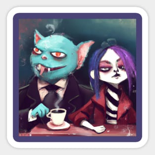 Sophisticated Blue Lizard Cat Drinks Coffee with His Edgy Girlfriend Sticker